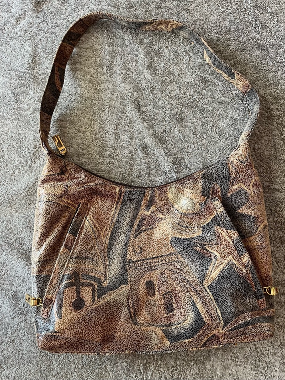 Brown Patterned Shoulder Bag With Strap, Pre-owned, Leather, Bags by Pinky